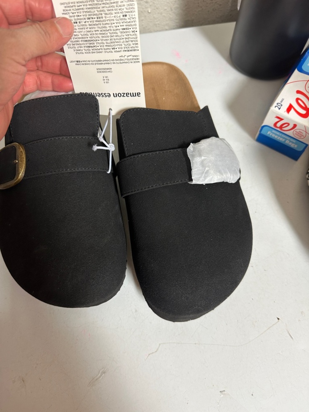 Amazon Essentials Black Slip-On Clogs with Buckle Detail